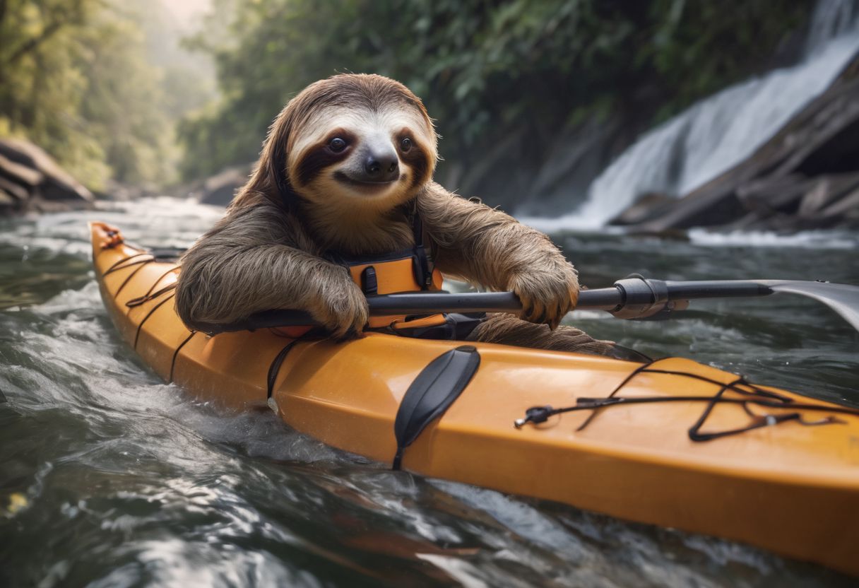soft lighting, 8k raw, photorealism, DSLR photo, high details, detailed skin pores, an award winning photo of a sloth in a kayak, rapid river, wild river, waterfall, wearing life vest, ((wide shot))