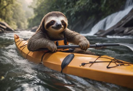 soft lighting, 8k raw, photorealism, DSLR photo, high details, detailed skin pores, an award winning photo of a sloth in a kayak, rapid river, wild river, waterfall, wearing life vest, ((wide shot))