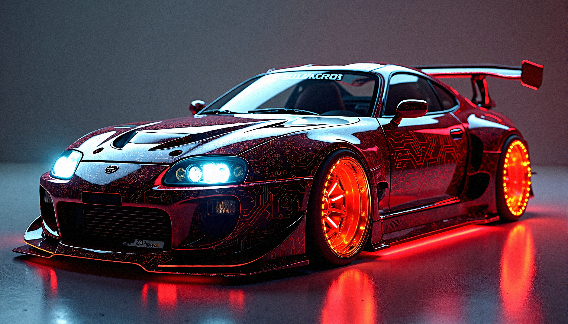  Photorealistic photography of a toyota supra mk2 complete with futuristic hyper car bodykit, wide bodykit, extreme front hood design, glowing circuitry body paint, glowing alloy rim, wider side fender, Extreme sport design, sporty glowing spoiler 