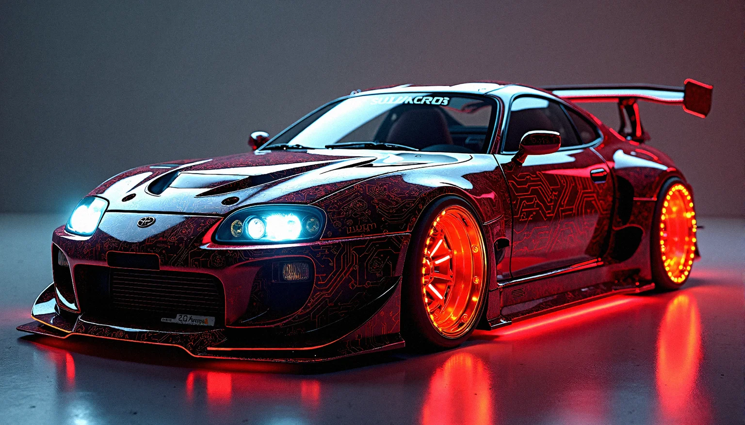  Photorealistic photography of a toyota supra mk2 complete with futuristic hyper car bodykit, wide bodykit, extreme front hood design, glowing circuitry body paint, glowing alloy rim, wider side fender, Extreme sport design, sporty glowing spoiler 
