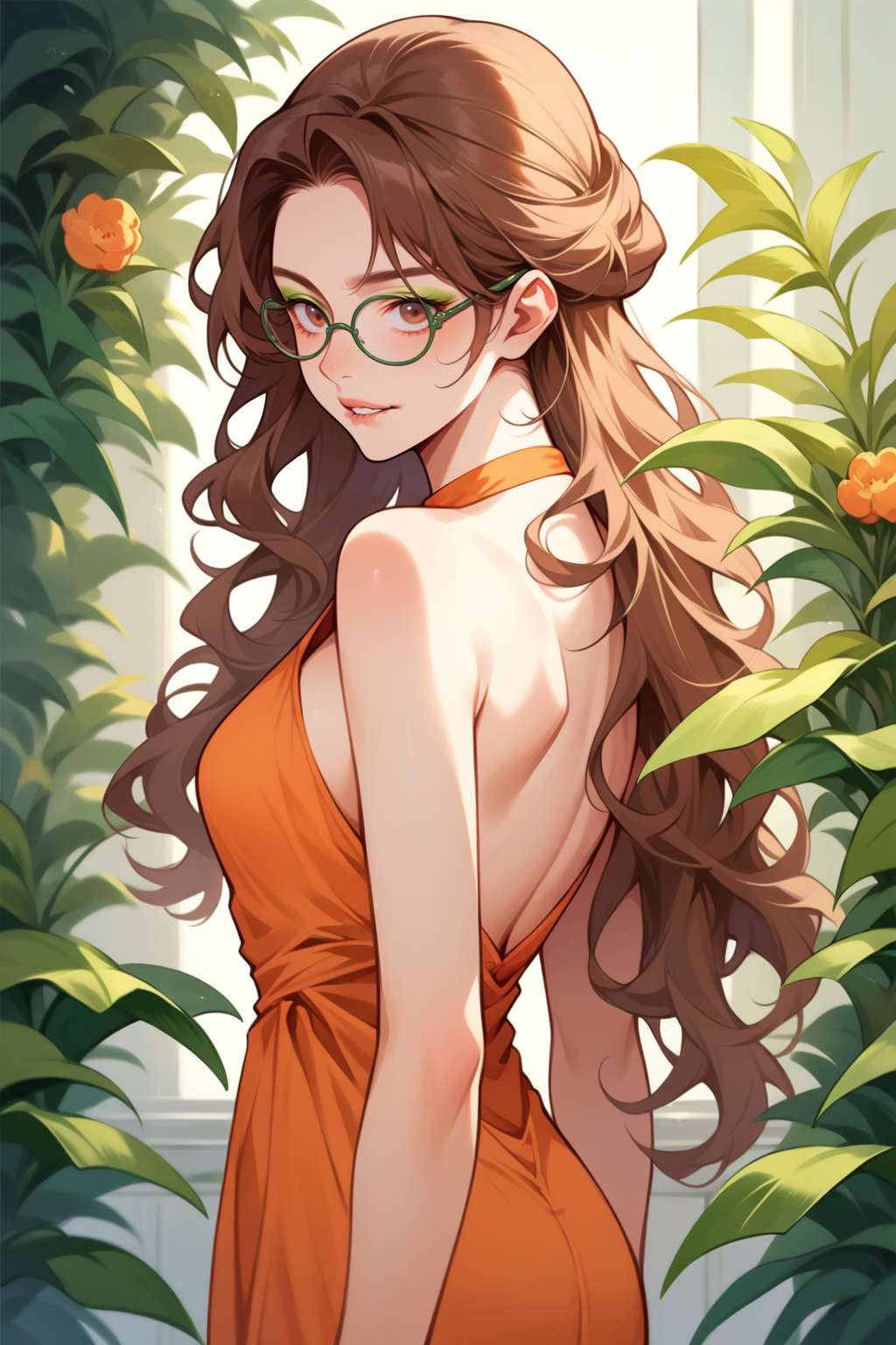 score_9, score_8_up, score_7_up, source_anime, 1girl, solo,<lora:NSAlicePortia:1> NSAlicePortia, brown hair, long hair, brown eyes, glasses, orange dress, evening dress, from side, looking at the viewer, green eyeshadow, bare back dress, shoulderless dress, lip bite, cowboy shot