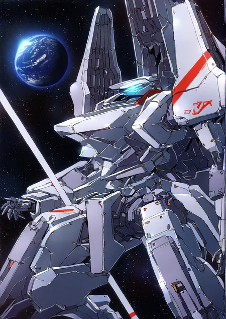 mecha,science fiction,no humans,glowing,retro artstyle,space,star \(sky\),planet,earth \(planet\),space craft,starry sky,weapon,milky way,masterpiece, best quality, very aesthetic, absurdres,,  <lora:sidonia morito-NAI:0.8>