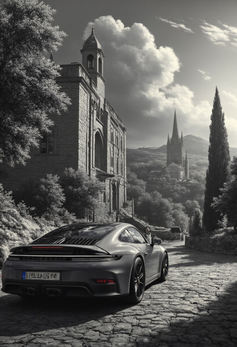In the style of a captivating Renaissance painting, this artwork showcases a breathtakingly dramatic black and white shot of a sleek Porsche 911 GTS, its elegant curves and aerodynamic lines masterfully highlighted by the interplay of shadow and light. The car, parked on a cobblestone street, gleams with a polished finish that reflects its intricate surroundings—a backdrop of historic architecture featuring ornate stone facades and towering arched windows, evocative of a bygone era. The scene is set during the golden hour, where gentle rays of sunlight filter through dramatic clouds, casting a soft luminescent glow upon the vehicle. Wisps of fog drift through the air, adding a mystical quality, while the distant sound of a church bell tolling resonates, grounding the moment in time. Surrounding the Porsche, lush greenery spills over from a nearby garden, contrasting against the stone and chrome while infusing the air with the faint, sweet scent of blooming flowers. The emotional tone of the composition oozes sophistication and nostalgia, capturing a moment that feels both timeless and contemporary. A solitary figure, dressed in period-appropriate attire, stands beside the car, admiring its beauty with a contemplative expression, hinting at the intersection of elegance and modernity. The atmosphere is charged with anticipation
