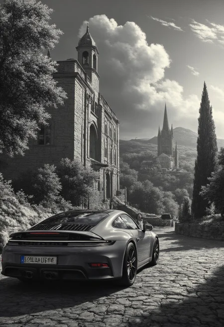 In the style of a captivating Renaissance painting, this artwork showcases a breathtakingly dramatic black and white shot of a sleek Porsche 911 GTS, its elegant curves and aerodynamic lines masterfully highlighted by the interplay of shadow and light. The car, parked on a cobblestone street, gleams with a polished finish that reflects its intricate surroundings—a backdrop of historic architecture featuring ornate stone facades and towering arched windows, evocative of a bygone era. The scene is set during the golden hour, where gentle rays of sunlight filter through dramatic clouds, casting a soft luminescent glow upon the vehicle. Wisps of fog drift through the air, adding a mystical quality, while the distant sound of a church bell tolling resonates, grounding the moment in time. Surrounding the Porsche, lush greenery spills over from a nearby garden, contrasting against the stone and chrome while infusing the air with the faint, sweet scent of blooming flowers. The emotional tone of the composition oozes sophistication and nostalgia, capturing a moment that feels both timeless and contemporary. A solitary figure, dressed in period-appropriate attire, stands beside the car, admiring its beauty with a contemplative expression, hinting at the intersection of elegance and modernity. The atmosphere is charged with anticipation