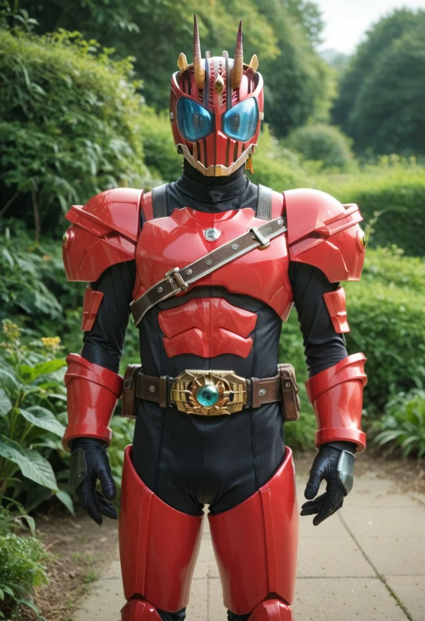 score_9, score_8, score_7, solo, armor, tokusatsu, bodysuit, helmet, rider belt, beetle, beetle horn, red armor, cyan eyes,