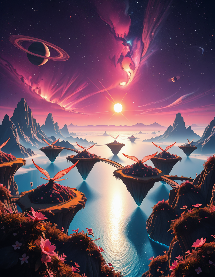 A breathtaking, high-resolution photograph of a celestial paradiseâa stunning, habitable planet floating in the vastness of space. The sky is a mesmerizing blend of deep purples, blues, and pinks, illuminated by twin suns casting golden light over the landscape. Towering crystal mountains shimmer in the distance, reflecting the vibrant hues of the nebula-filled sky. A vast, glowing ocean stretches across the horizon, its surface gently rippling with bioluminescent waves. Floating islands covered in lush, alien vegetation hover above the water, connected by natural bridges of luminescent vines. Exotic, radiant flowers bloom in every color imaginable, while gentle, ethereal creatures with translucent wings glide through the air. In the sky, a massive ringed gas giant looms majestically, its swirling clouds casting soft shadows over the dreamlike terrain. The air shimmers with floating particles of light, creating a surreal, otherworldly ambiance. The entire scene feels like a cosmic utopiaâtranquil, awe-inspiring, and untouched by time.
<lora:SDXLFaeTastic2400:0.4> <lora:extremely_detailed:0.4> extremely detailed,Celestial p4r4d1s3, <lora:Celestial_p4r4d1s3-i:1>, Masterpiece,best quality,hi res,8k,hi res,8k,award winning,(sharp focus, intricate, highly detailed),