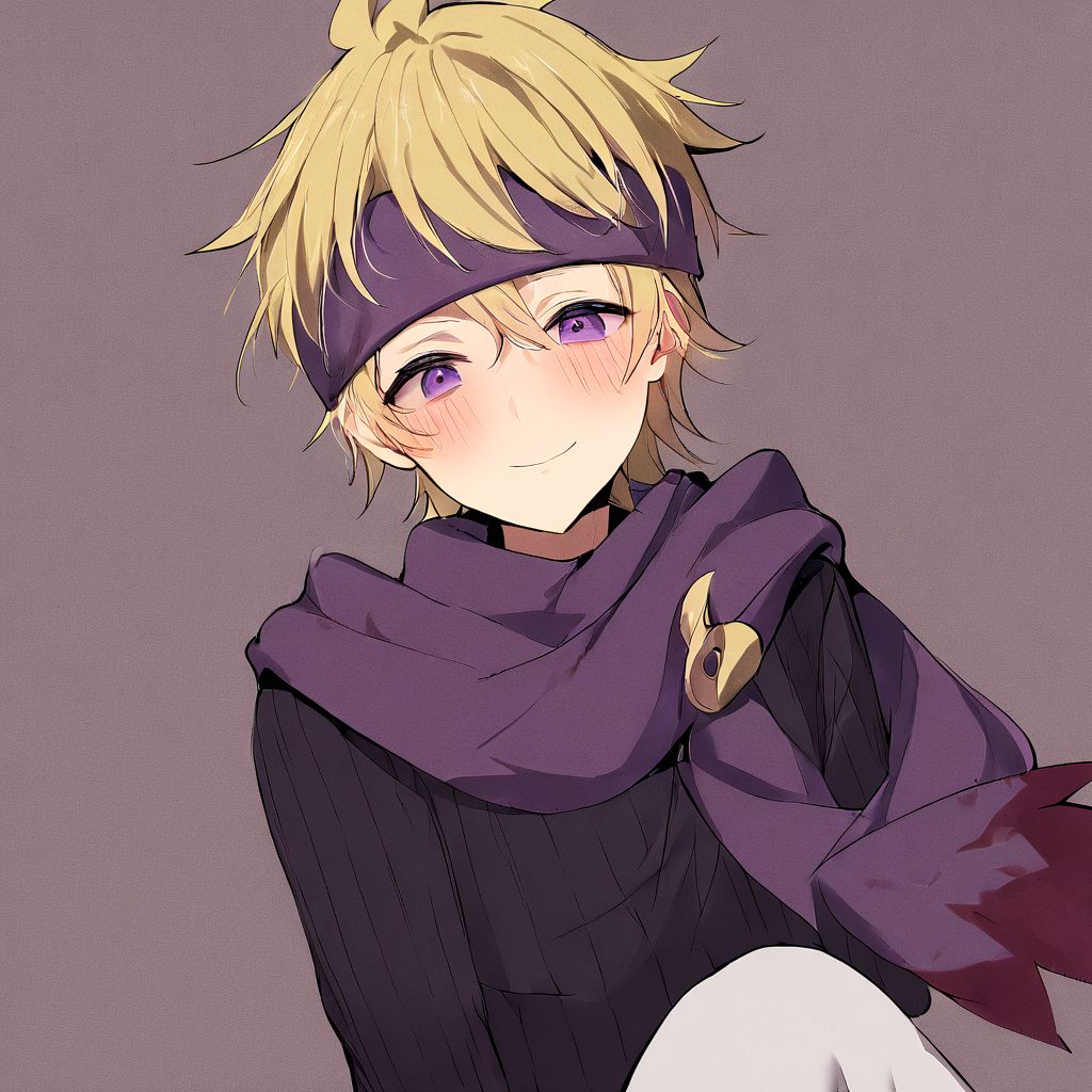 1boy, blonde hair, purple eyes, purple headband, purple scarf, black sweater, ribbed sweater, white pants, solo, best quality, high quality, very aesthetic, abusrdres, smile, blush
