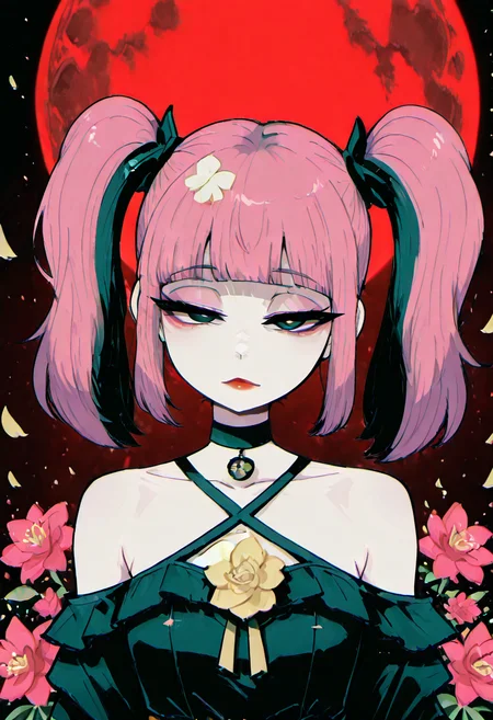masterpiece, best quality, 1girl, solo, looking at viewer, zzSango2, black eyes, pink hair, blunt bangs, looking at viewer, ( jitome, half-closed eyes), pink eyeshadow, beautiful eyes, dress, bare shoulders, collarbone, upper body, flower, choker, black dress, petals, makeup, black choker, lipstick, pale skin, bright pupils, red background, white pupils, red lips, red moon ,<lora:RoseBlissCitron:0.8>, ,<lora:SangoTimeSkipPokemon_IXL:1.0>,