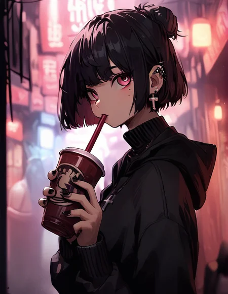score_9, score_8_up, score_7_up, <lora:LowKeyLightsPony:0.8>LowKeyLights,1girl,solo,looking at viewer,short hair,bangs,black hair,long sleeves,holding,jewelry,upper body,earrings,hood,pink eyes,hair bun,nail polish,mole,blurry,from side,sweater,cup,mole under eye,hoodie,blurry background,turtleneck,piercing,single hair bun,bob cut,cross,ear piercing,black nails,holding cup,drinking straw,drinking,black sweater,disposable cup,drinking straw in mouth
