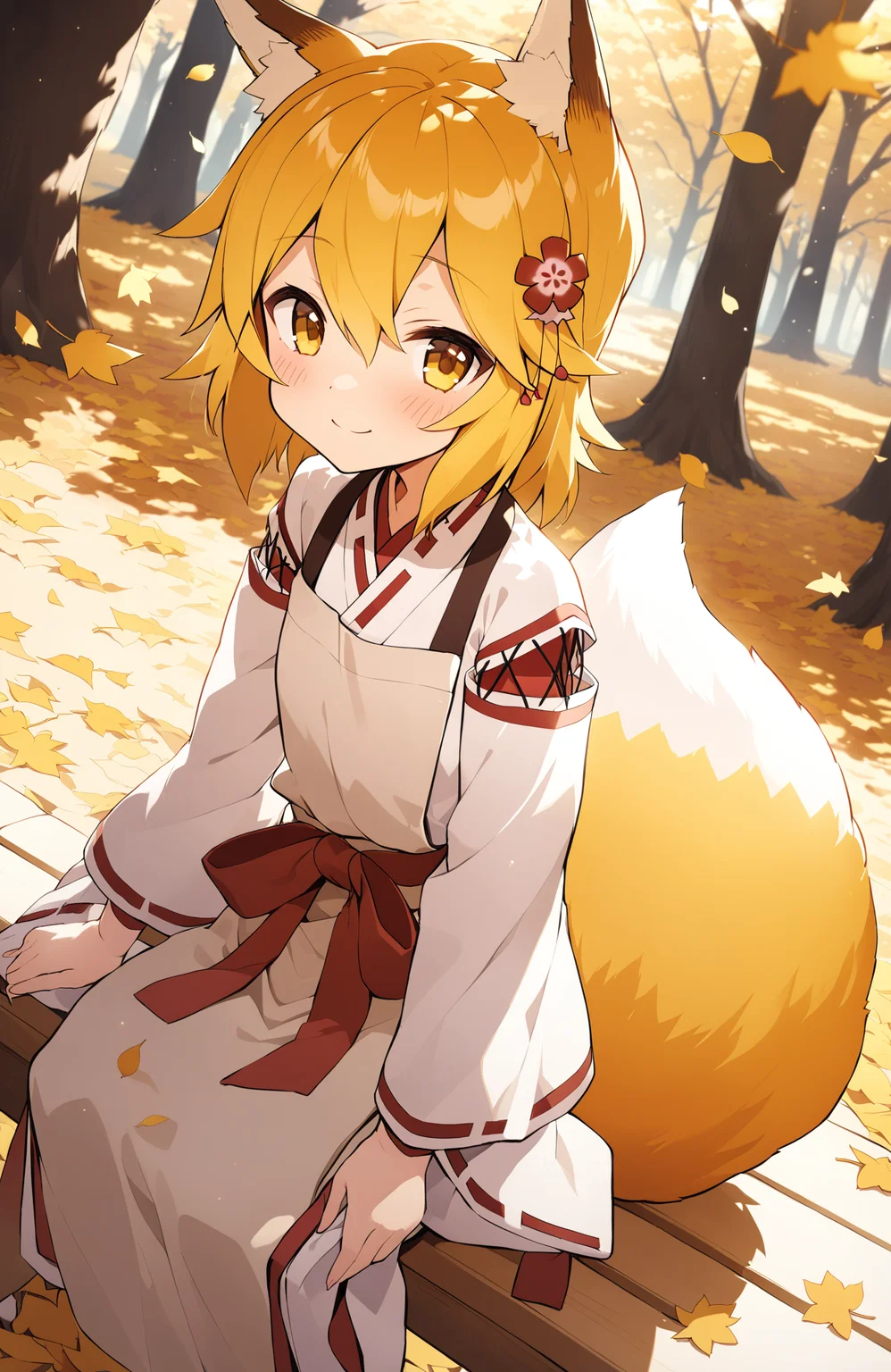 autumn, falling yellow leaves, park with trees, sitting on bench, smile, looking at viewer, cinematic angle, cinematic lighting, masterpiece, best quality
BREAK
<lora:senko_animagineXL_v1:1> sen, blonde hair, animal ears, fox ears, blush, animal ear fluff, hair ornament, fox girl, hair flower, hair between eyes, short hair, fox tail, tail, flat chest, yellow eyes, young girl,
miko, japanese clothes, apron,, autumn, falling yellow leaves, park with trees