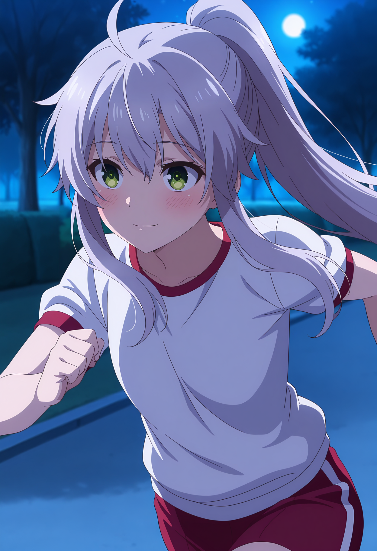 anime screencap, masterpiece, best quality,
<lora:RokuAka_SistineFibel_IlluXL:0.9>,
1girl, solo, closed mouth, blush, light smile,
high ponytail, long hair, ahoge, grey hair, green eyes,
gym clothes, white shirt, red shorts,
running, cowboy shot,
outdoors, park, tree, night sky, moonlight, blurry background