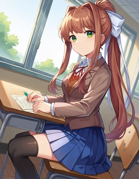 score_9, score_8_up, score_7_up, source_anime,
ddlcmonika, <lora:ddlc-monika-ponyxl-lora-nochekaiser:1>
ddlcmonika, blunt bangs, brown hair, green eyes, long hair, ponytail, ribbon, white ribbon, hair ribbon, sidelocks,
black thighhighs, blue skirt, brown jacket, jacket, long sleeves, mary janes, over-kneehighs, pleated skirt, school uniform, shoes, skirt, thighhighs, zettai ryouiki,
indoors, classroom, sitting, desk,
looking at viewer, dutch angle, cowboy shot,