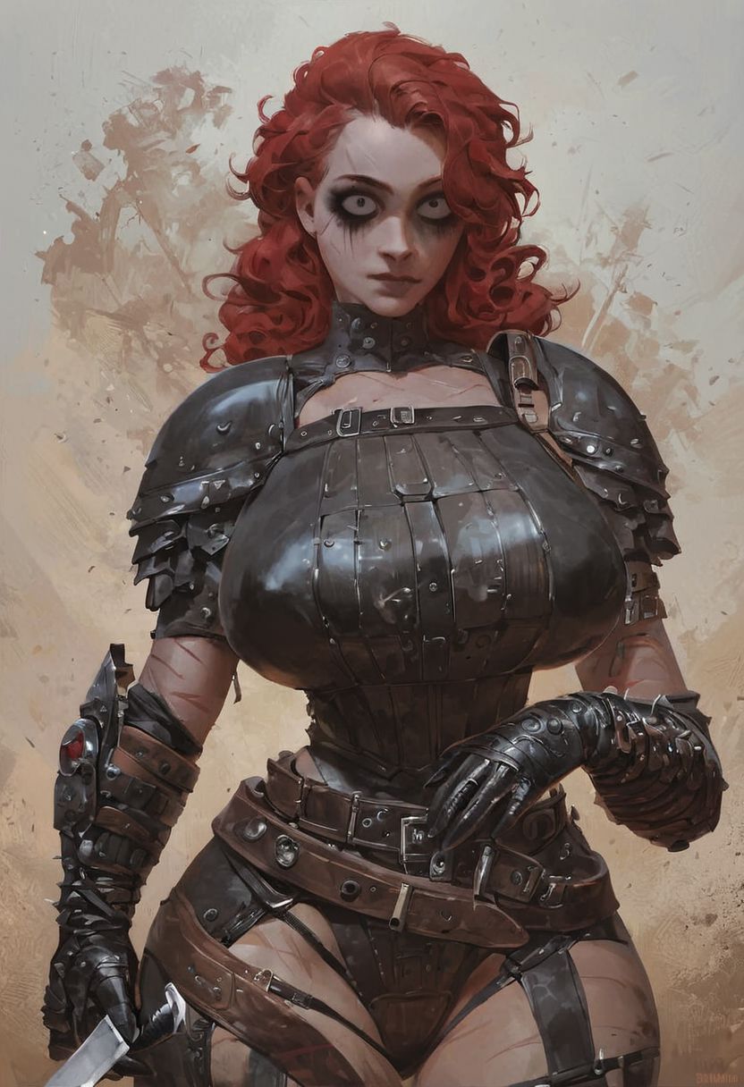 ASCII score_9, score_8_up, score_7_up, score_6_up, score_5_up, score_4_up, fallout, long wavy red hair, pinup poster, detailed background, in desert wasteland, leather apocalyptic armor, tire rubber as armor, punk, scars, black eye makeup, raider, massive breasts, wide hips, thick thighs, narrow waist, upper body portrait, close up, bright eyes, beautiful woman, pretty woman, sunny, detailed face, nipple outline, looking at viewer, leather belt, straps diagonal across chest, asymmetrical armor, leather armor pads, holding hunting knife, knife in hand, oil painting style,