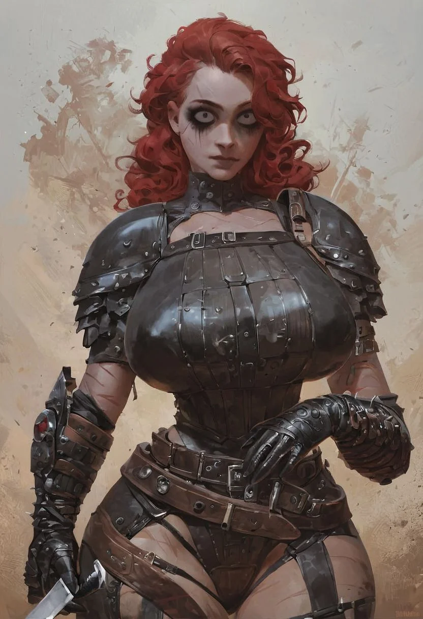 ASCII score_9, score_8_up, score_7_up, score_6_up, score_5_up, score_4_up, fallout, long wavy red hair, pinup poster, detailed background, in desert wasteland, leather apocalyptic armor, tire rubber as armor, punk, scars, black eye makeup, raider, massive breasts, wide hips, thick thighs, narrow waist, upper body portrait, close up, bright eyes, beautiful woman, pretty woman, sunny, detailed face, nipple outline, looking at viewer, leather belt, straps diagonal across chest, asymmetrical armor, leather armor pads, holding hunting knife, knife in hand, oil painting style,