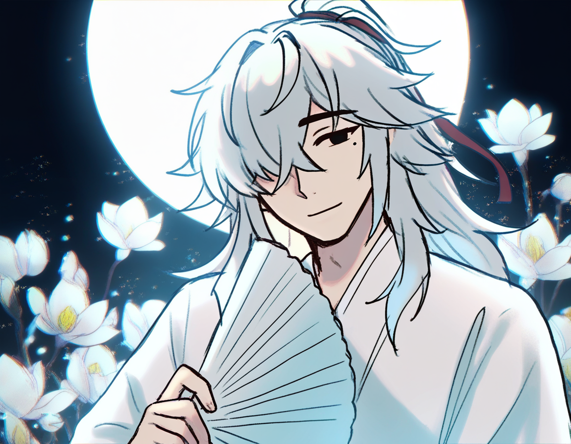 fr0y0, masterpiece, best quality, good quality, newest, very awa, absurdres, highres, black eyes, no sclera  1boy, jing yuan, upper body, close-up, chinese clothes, flower, white flower, folding fan, full moon, hanfu, white hanfu, light smile, male focus, outdoors, night, alternate outfit, light particles, bloom, magnolia, mole under eye, white theme <lora:None:1.0>