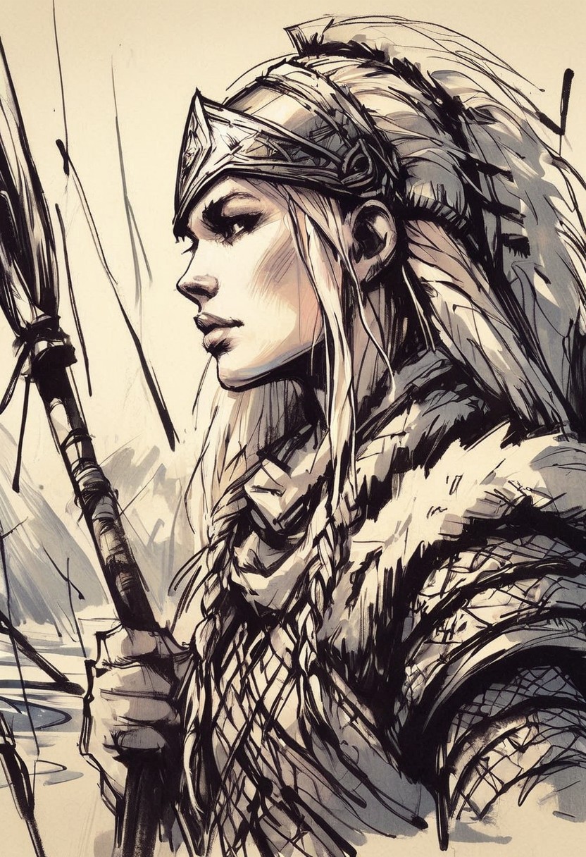 inksketch,
a young woman wearing a norse helmet holding a spear and shield, battlefield, river, blonde, braids, extreme close up, portrait,