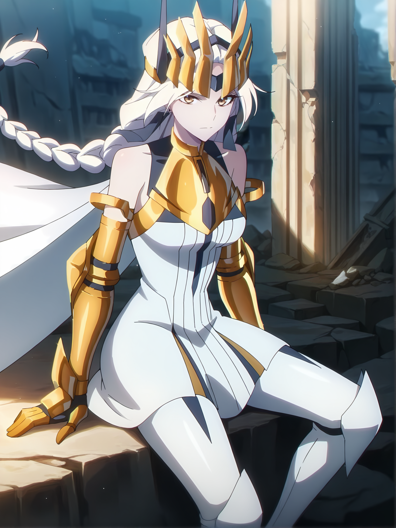 <lora:Queen:0.8>queen, 1girl, solo, white long braided hair, yellow eyes, black hanafuda earrings, gold crown, white dress, gold armor, bare shoulders, gold armored arms, armored gloves, white thigh boots, white cape, sitting on rock, ruins