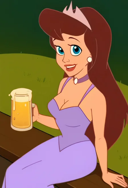 score_9, score_8_up, score_7_up, score_6_up, <lora:PrincesspersonPDXL:0.9> princessclaraxl, long hair, brown hair, blue eyes, earrings, choker, tiara, lipstick, purple dress, cleavage, medium breasts, loking at viewer, sitting, holding a beer jar, big smile, shot from above,