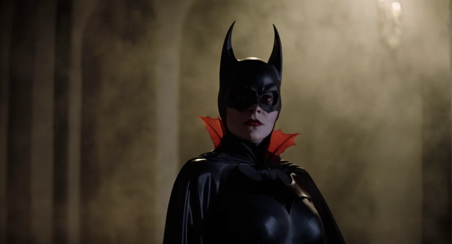 cinematic film still of Cinematic Film stock footage in (arri alexa style) Kodak film print, <lora:Batman Vampire:1> <lora:Vampire-000003:1> female Batman Vampire a woman in a bat costume and vampire fangs, shallow depth of field, vignette, highly detailed, high budget, bokeh, cinemascope, moody, epic, gorgeous, film grain, grainy