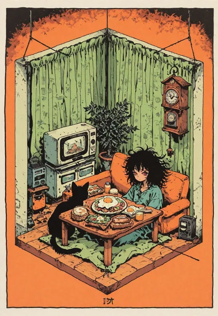 girl with a black kitten on her lap at breakfast, (beautiful detailed), cute face:1.2, 1girl, dining table, breakfast, bread, fried eggs, bacon, salad, orange juice, butter, jam, cupboard, telephone, cuckoo clock, birdcage, ornamental plants, curtains, TV, radio, sofa, refrigerator, microwave, sink (messy hair:1.2), retro,(sharp lines:1.2) (clear line:1.2), (eye details:1.3) (thick border:1.4), isometric, line drawing, morisshii (morishiey), style of John Kenn Mortensen, cute doodle, BREAK,
sinozick style, flat color, in the style of cksc, illustration, masterpiece, (extremely detailed CG 8k), (very fine 8K CG), (ultra detailed perfect piece:1.2), lat color, no lineart,,(no lineart, flat art style:1.0), NO_LINE_ART, comical, simple,