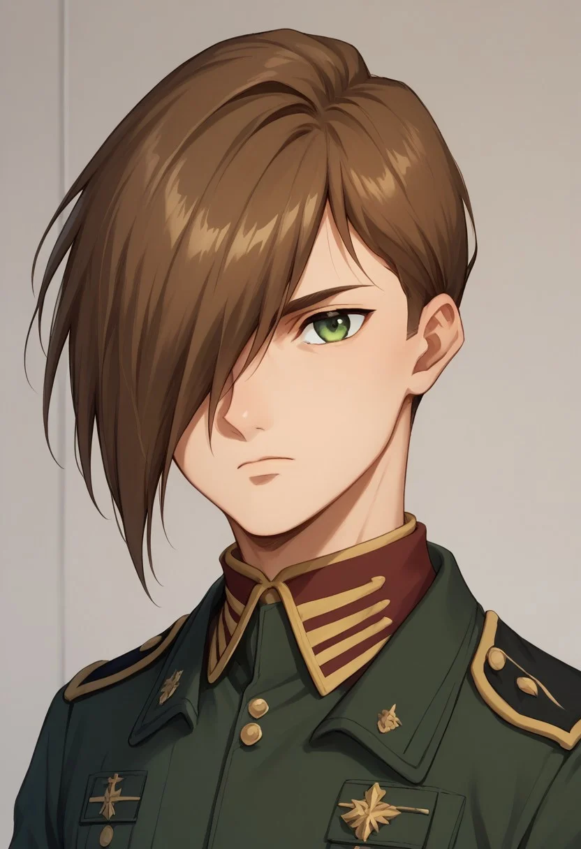 score_9, score_8_up, score_7_up, source_anime, highly detailed,
trowa, 1boy, male focus, solo, uniform, military uniform, military, brown hair,
green eyes, closed mouth, upper body, looking at viewer, green jacket, grey pants, hair over one eye
indoor