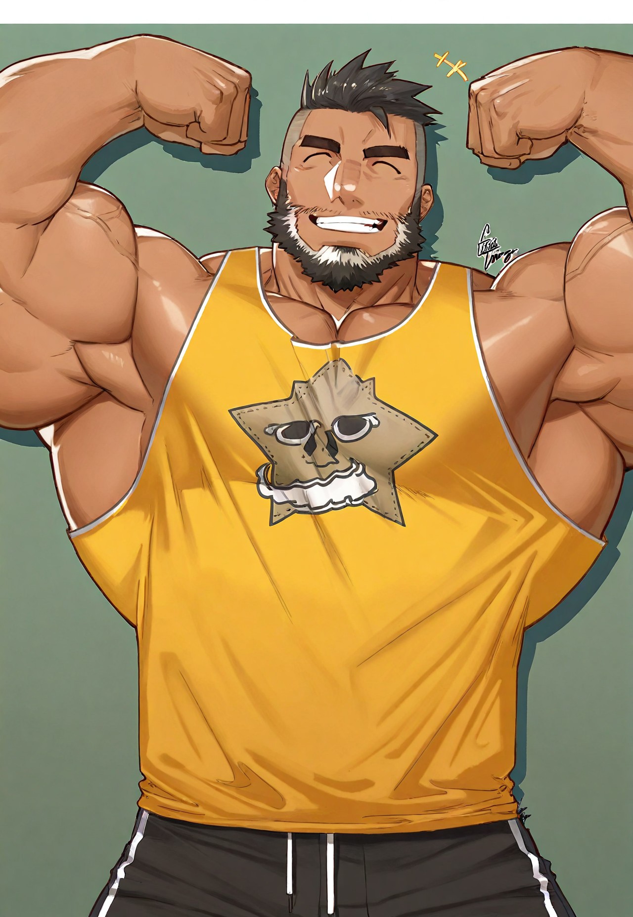 masterpiece, best quality, GomTang, masterpiece, best quality, GomTang, 1boy, solo, bara, mature male, beard, facial hair, dark skin, yellow tank top, armpit, muscular, muscular male, black pants, street wear, smile, flexing, flex