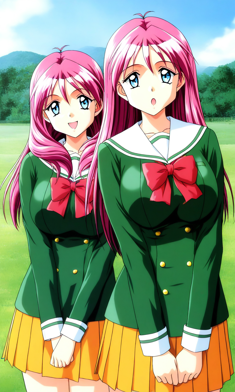 general,highres, ultra-detailed,very aesthetic,best quality ,best hands, BREAK <lora:Shirayuki_Mihoï¼Maho_Tokimeki_Memorial2_IS:1>
Shirayuki_Mihoï¼Maho, pink hair, blue eyes, long hair, large breasts, v arms, twins, 2girls,
school uniform, bow, green shirt, long sleeves, shirt, pleated skirt, orange skirt, red bow, sailor collar, smile, v arms, looking at viewer, open mouth, yellow skirt, jacket, :o, cowboy shot, standing, blue sky, grass,