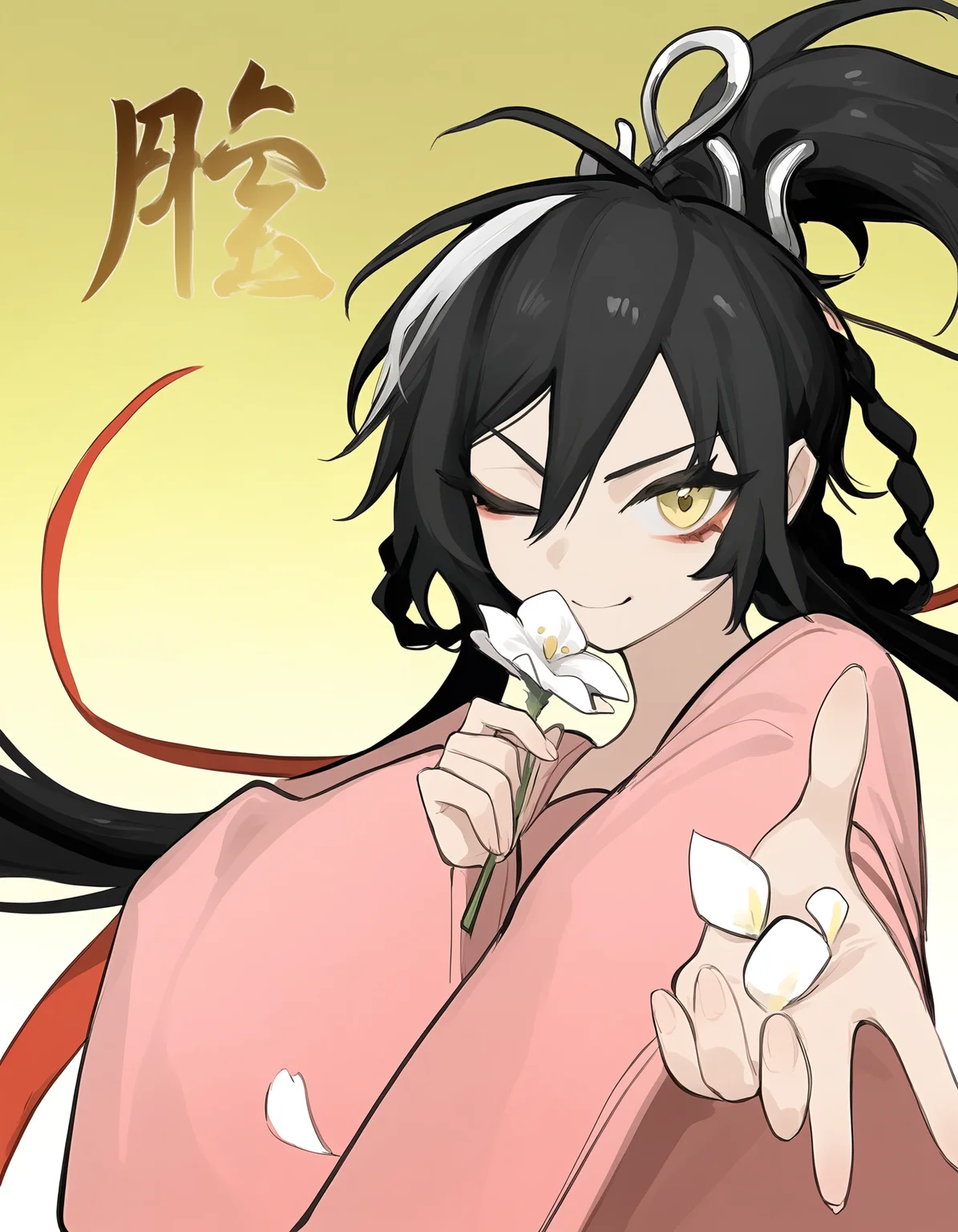 hanfu,pink hanfu,yellow background,gradient background,wide sleeves,qixiong ruqun,close-up,looking at viewer,smile,makeup,outstretched arm,holding flower,wink,
<lora:mofei_noob2:0.8>,mofei,1girl,solo,black hair,long hair,very long hair,multicolored hair,yellow eyes,braid,
<lora:ranbowrin_noob2:1>,ranbowrin,monochrome,
masterpiece,best quality,very aesthetic,absurdres,
