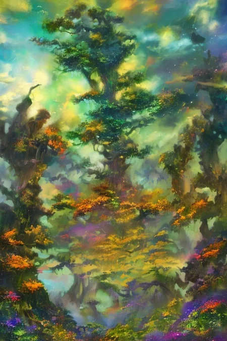 impressionism oil painting,
fantasy forest,
an expansive ancient forest, featuring towering oaks, diverse wildlife, a variety of flora, and a feeling of grandeur,
glowwave,
dawn,
thunderstorm, and many small clouds, and slightly cloudy, FanLan,