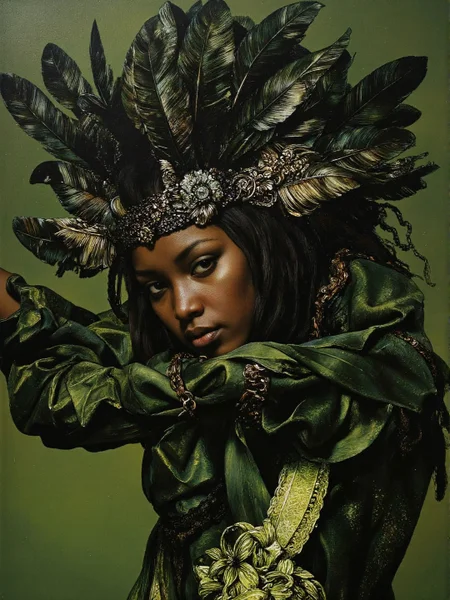 feathered portrait of a Avant-garde mature Cameroonian female druid floating, intricate black and lime-green and bronze, impossible, very detailed <lora:Vintage_Nudity_60s:1>
