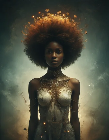 a post-modernist installation towering overhead, casting an otherworldly glow on an African woman in a medium shot. Her afro, adorned with futuristic elements, embodies the essence of Afrofuturism in a surreal, low-key Fujichrome scene, style of Maia Flore, Sherry Akrami, Guy Aroch