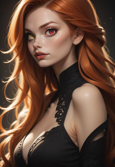 score_9, score_8_up, score_7_up,
1girl, solo, upper body, ginger hair, very long hair, black dress, red eyes, heterochromia, right eye yellow,
<lora:Dark_Heterochromia_Pony_v0.2:0.5>
