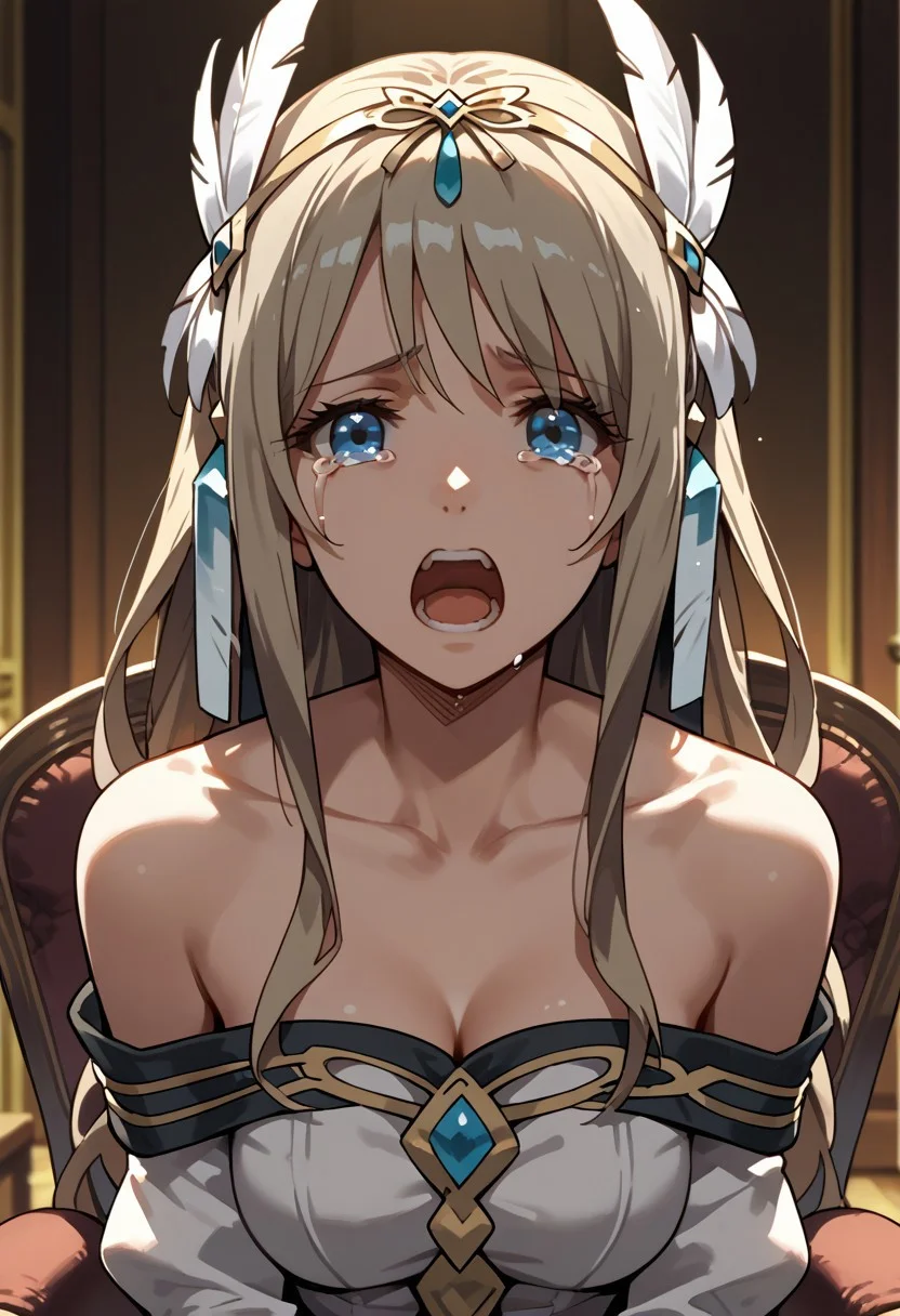 score_9,score_8_up,score_7_up,source_anime, Charlotte Eristein,1girl,solo,open mouth,hair ornament,jewelry,bare shoulders,sitting,collarbone,upper body,sidelocks,indoors,tears,chair,parody,portrait,meme,feather hair ornament,