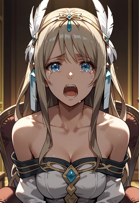 score_9,score_8_up,score_7_up,source_anime, Charlotte Eristein,1girl,solo,open mouth,hair ornament,jewelry,bare shoulders,sitting,collarbone,upper body,sidelocks,indoors,tears,chair,parody,portrait,meme,feather hair ornament,