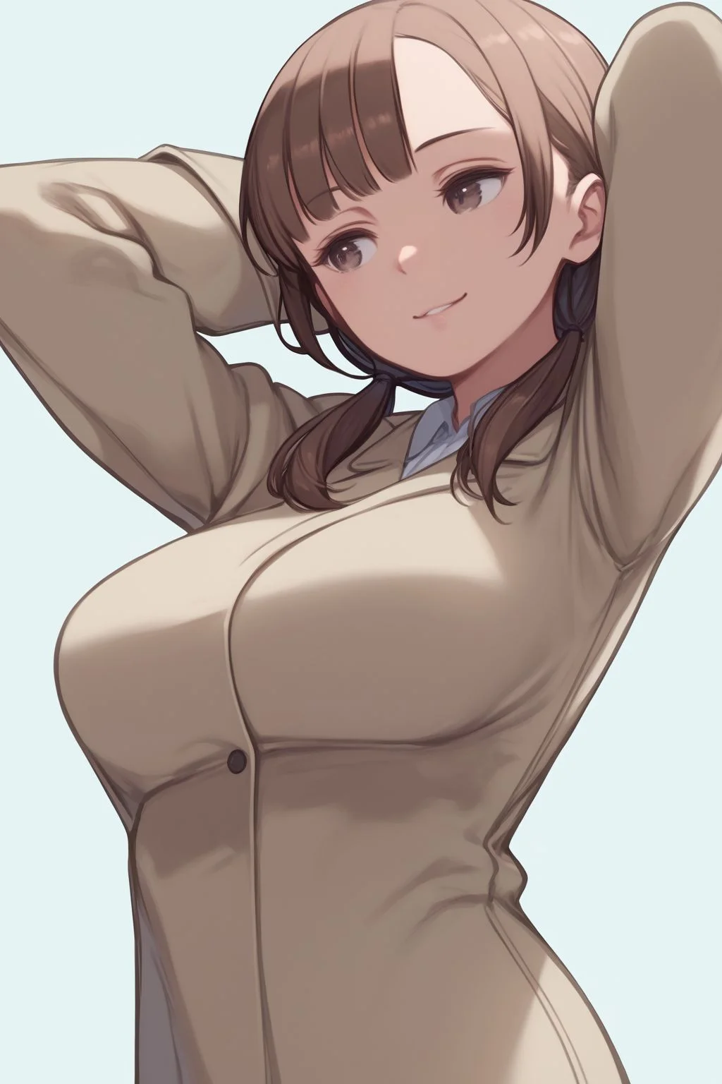 score_7_up, high resolution, 1girl, looking to the side, hands_behind_head, seductive smile, brown hair, low twintails, short fringe, brown eyes, large breasts, beige duffel coat <lora:kuroboshi_kouhaku_PonyXL_style_v01.09:1>