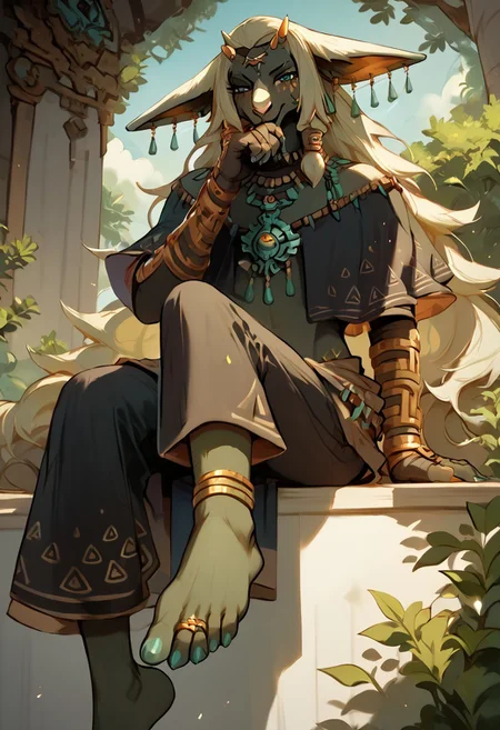 score_9, score_8_up, score_7_up, score_9, score_8_up, score_8, masterpiece, best quality, unrealistically high details, extremely high quality, ultra high detail, good anatomy, rauru totk, anthro, beautiful, male, glowing hand, sitting, presenting feet, toe ring, foot focus