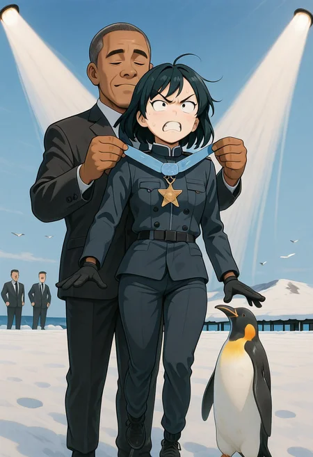masterpiece, best quality, amazing quality, very aesthetic, absurdres, newest, IllusP0s, receiving medal of honor from half-white president, pelican, proud_expression, proud_pose, receiving_medal, penguin, angry_expression, standing_to_the_side, medal_ceremony, anthropomorphic_animal, feather_detail, outdoor, formal_setting, dramatic_lighting, male_anthropomorphic_animal