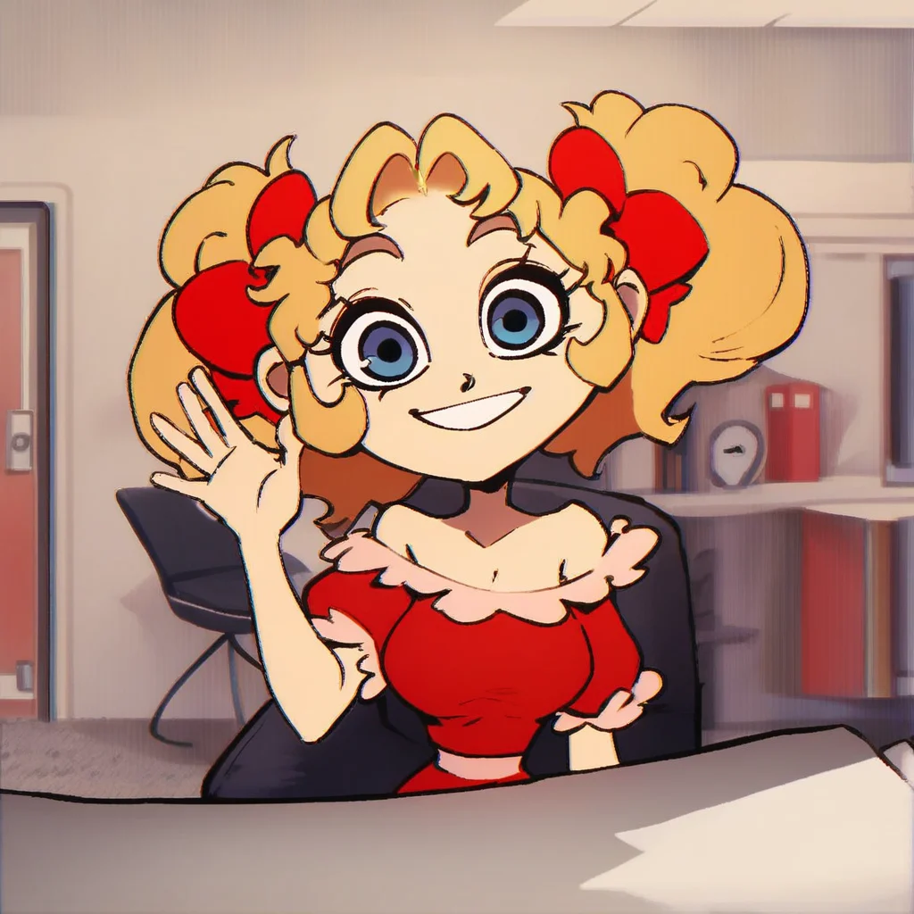 Score_9, Score_8_up, Score_7_up, 1girl, solo, blonde hair, twintails, red hair tie, big eyes, blue eyes, eyelashes, red dress, bare shoulders, short sleeves, white lace trim, lace-trimmed dress, red shoes, large breasts, office, smile, waving, looking at viewer