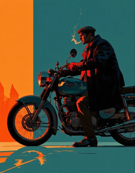 A minimalistic illustration shoot from the side about a silhouette of a man riding a motorcycle against a gradient background. the image also shows a man in the middle of the image, who appears to be in his mid-twenties, wearing a black coat, red gloves, and a beret, with a cigarette in his mouth. he is sitting on a motorcycle, with his upper body facing the viewer. the man is positioned in the center of the frame, with the motorcycle in front of him. the background is a gradient of teal and orange hues, creating a warm and moody atmosphere. the style is reminiscent of modern minimalism, with bold lines and geometric shapes. the overall color palette is predominantly blue and teal, with some hints of orange and yellow.