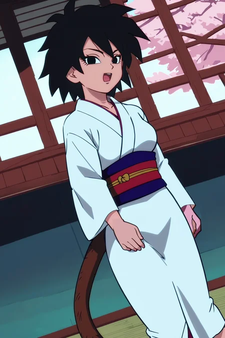 source_anime, score_9, score_8_up, score_7_up, anime screencap, absurd res, official style,
gine, black hair, short hair, spiked hair, black eyes, monkey tail, looking at viewer, 
kimono, white kimono, sash, cherry blossoms, long sleeves, temple, dutch angle, 
<lora:gine_pony_v4:0.8>