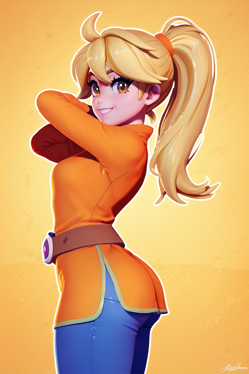 score_9, score_8_up, score_8, medium breasts, (curvy), cute, eyelashes,       BREAK, , zzYellow, brown eyes, blonde hair, long hair, ponytail, bangs, orange tunic, brown belt, pants, <lora:Yellow_Pokemon_PDXL_v2:0.8>, , BREAK, smile, looking at viewer, cowboy shot, side view, ass,  embedding:zPDXL, Expressiveh, <lora:Zy0n7_PDXL:0.8>,  <lora:SDXLFaeTastic2400:0.5>,  <lora:Expressive_H-000001:0.4>,