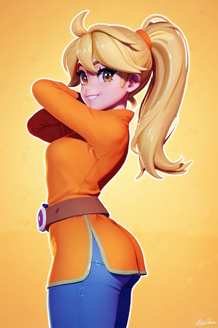 score_9, score_8_up, score_8, medium breasts, (curvy), cute, eyelashes, BREAK, , zzYellow, brown eyes, blonde hair, long hair, ponytail, bangs, orange tunic, brown belt, pants, <lora:Yellow_Pokemon_PDXL_v2:0.8>, , BREAK, smile, looking at viewer, cowboy shot, side view, ass, embedding:zPDXL, Expressiveh, <lora:Zy0n7_PDXL:0.8>, <lora:SDXLFaeTastic2400:0.5>, <lora:Expressive_H-000001:0.4>,