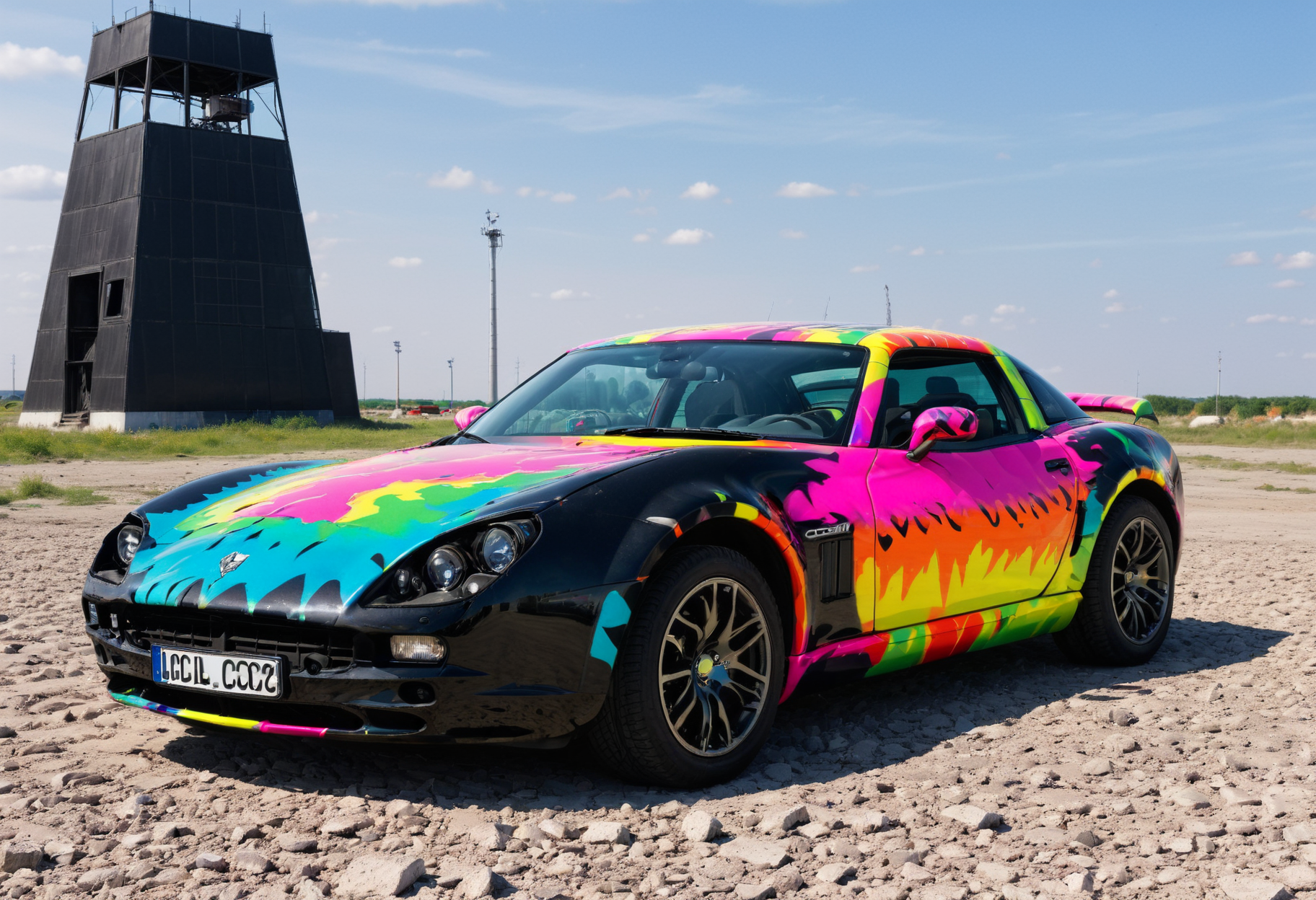 lgcrs,a car looking like a colibri, with aggressive color pattern,neon black,parked before a black tower in a wasteland,with headlights on, lion like
<lora:Retro_Cars-000011:0.7>,
