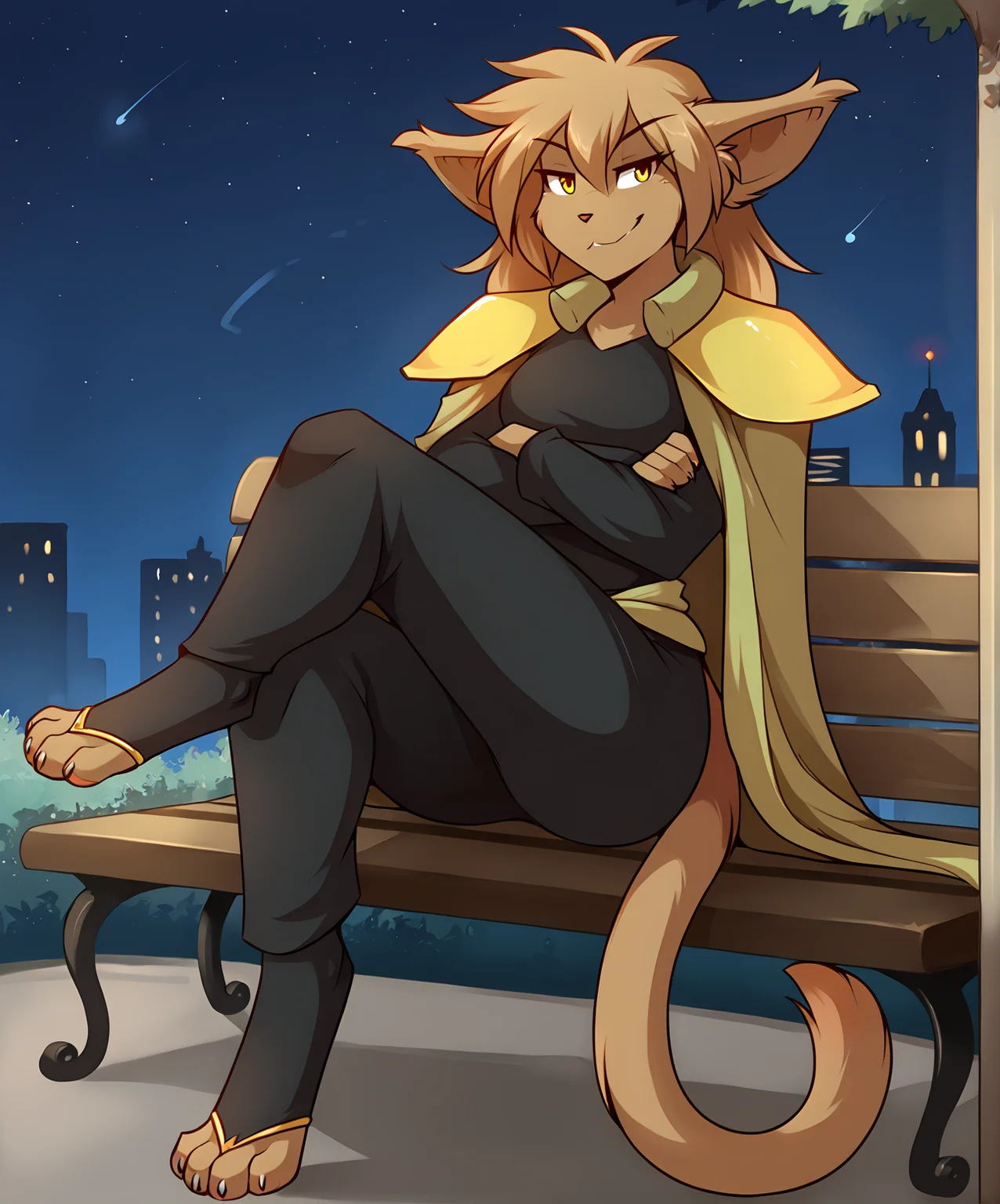 score_9, score_8_up, score_7_up,score_6_up,score_5_up, source_furry
BREAK
solo, furry female anthro, long hair, medium breasts, (seductive, smug), armor, pauldron, cape, crossed arms, wide hips, toeless legwear, (outdoors, night, city, sitting, on bench, leg up), upper body shot, digitigrade
BREAK
<lora:Madelyn-Adelaide-Twokinds-SDXL-AnonTK-V1:0.8>, madelyn-twokinds, basitin, mammal, feline tail, yellow eyes, by tom fischbach, <lora:PDXL_artist_tags_v2_big:1>