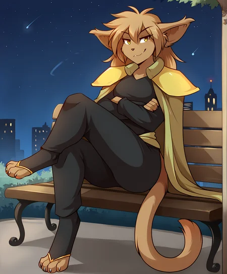 score_9, score_8_up, score_7_up,score_6_up,score_5_up, source_furry
BREAK
solo, furry female anthro, long hair, medium breasts, (seductive, smug), armor, pauldron, cape, crossed arms, wide hips, toeless legwear, (outdoors, night, city, sitting, on bench, leg up), upper body shot, digitigrade
BREAK
<lora:Madelyn-Adelaide-Twokinds-SDXL-AnonTK-V1:0.8>, madelyn-twokinds, basitin, mammal, feline tail, yellow eyes, by tom fischbach, <lora:PDXL_artist_tags_v2_big:1>