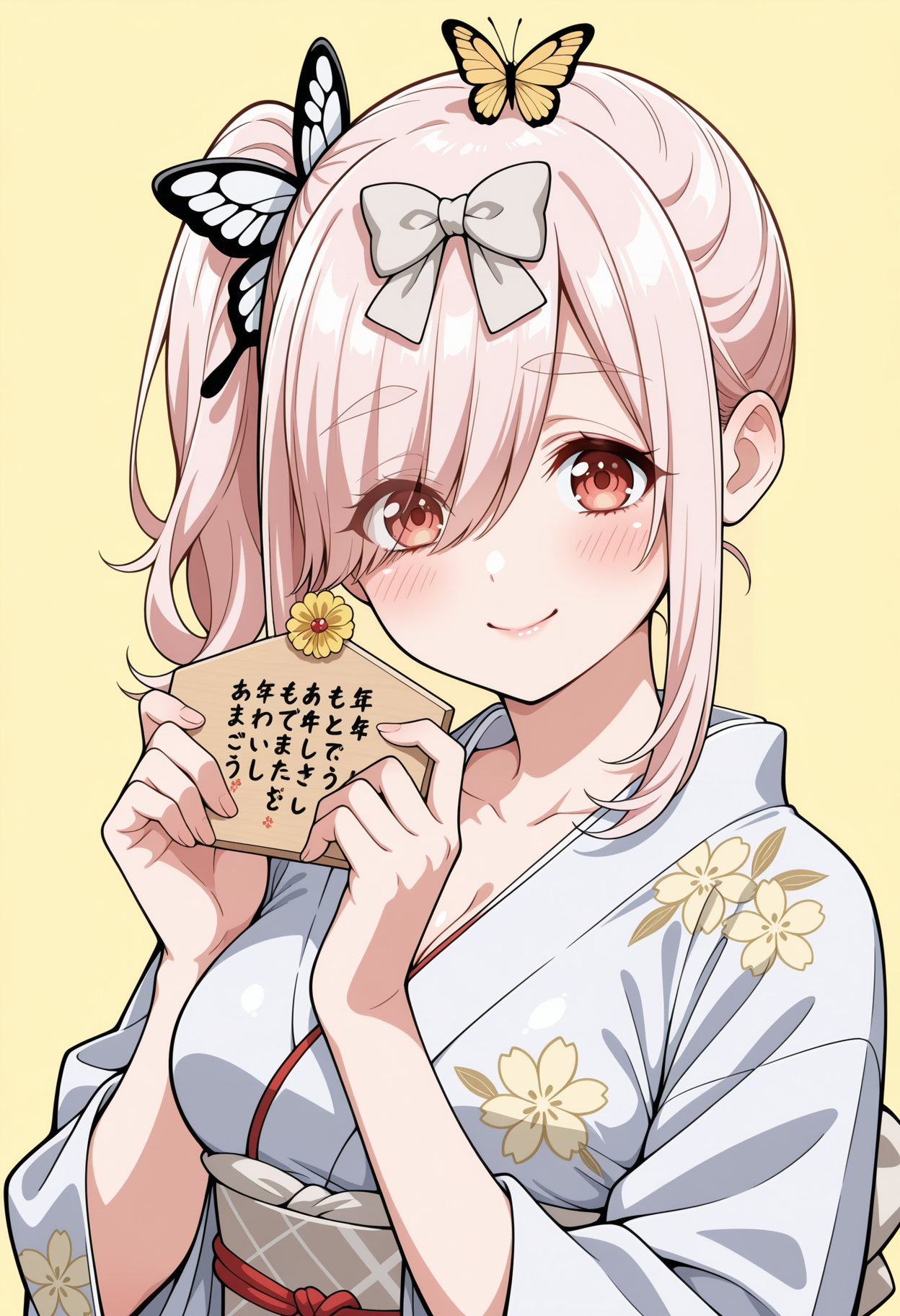 masterpiece,best quality,amazing quality,anime coloring, flat colors,
<lora:NoobV065sHyperDmd:.5>
 <lora:ai_mochizuki_meipaws:.9>
1girl, ema, grey kimono, japanese clothes, hair over one eye, eyes visible through hair, medium breasts, pink hair, butterfly hair ornament, sash, smile, looking at viewer, floral print, grey bow, obi, yellow background, hair bow, closed mouth, holding, wide sleeves, cleavage, blush, print kimono, long sleeves, side ponytail, simple background, bug, collarbone, white bow, animal on head, yellow flower, red eyes, thick eyebrows, new year, white kimono, yukata, upper body, sidelocks, hands up, swept bangs,