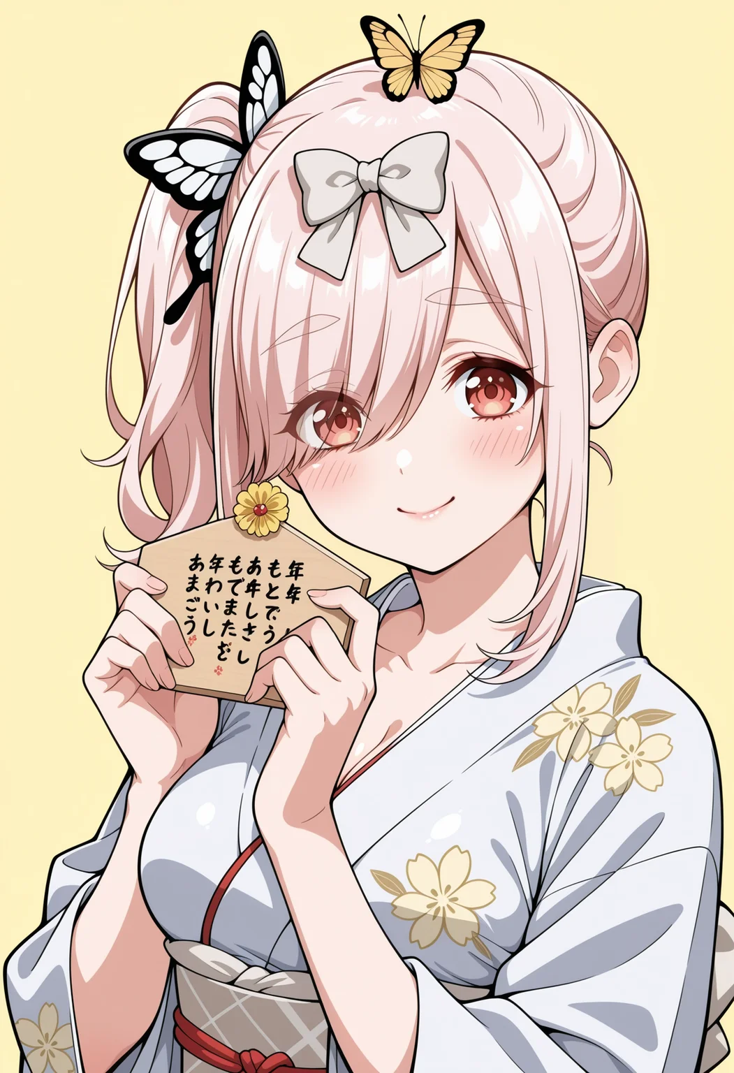 masterpiece,best quality,amazing quality,anime coloring, flat colors,
<lora:NoobV065sHyperDmd:.5>
<lora:ai_mochizuki_meipaws:.9>
1girl, ema, grey kimono, japanese clothes, hair over one eye, eyes visible through hair, medium breasts, pink hair, butterfly hair ornament, sash, smile, looking at viewer, floral print, grey bow, obi, yellow background, hair bow, closed mouth, holding, wide sleeves, cleavage, blush, print kimono, long sleeves, side ponytail, simple background, bug, collarbone, white bow, animal on head, yellow flower, red eyes, thick eyebrows, new year, white kimono, yukata, upper body, sidelocks, hands up, swept bangs,