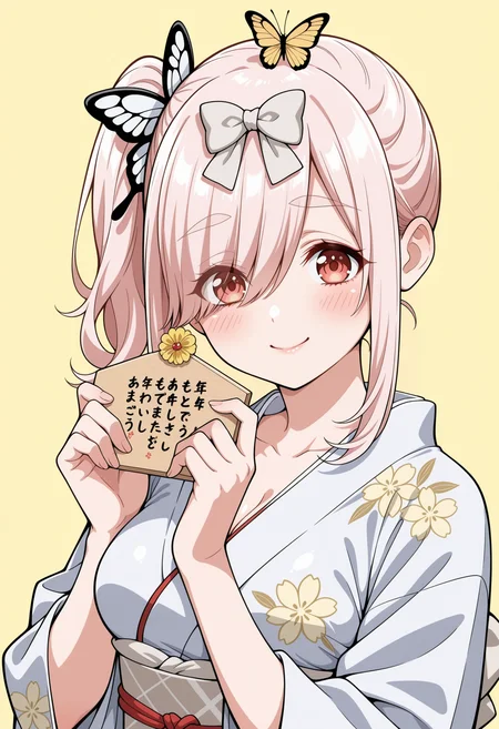 masterpiece,best quality,amazing quality,anime coloring, flat colors,
<lora:NoobV065sHyperDmd:.5>
<lora:ai_mochizuki_meipaws:.9>
1girl, ema, grey kimono, japanese clothes, hair over one eye, eyes visible through hair, medium breasts, pink hair, butterfly hair ornament, sash, smile, looking at viewer, floral print, grey bow, obi, yellow background, hair bow, closed mouth, holding, wide sleeves, cleavage, blush, print kimono, long sleeves, side ponytail, simple background, bug, collarbone, white bow, animal on head, yellow flower, red eyes, thick eyebrows, new year, white kimono, yukata, upper body, sidelocks, hands up, swept bangs,