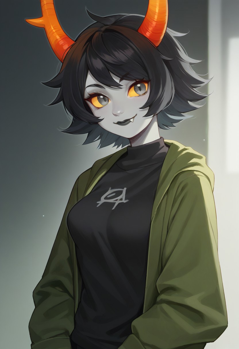 high angle, black outlines, dutch angle, masterpiece, best quality, score_9, score_8_up, score_7_up, score_6_up, score_5_up, high detail, soft lighting, 1girl, Troll, ramhorns, olive jacket, long sleeves, black t-shirt, fangs, closed mouth, long sleeves, skinny, medium breasts, fluffy hair, short hair, black lips, bangs, grey eyes, kohl-rimmed eyes, perfect anatomy, looking at viewer, smile, no lighting, realistic lighting, petite body, blurry background:2, upper body