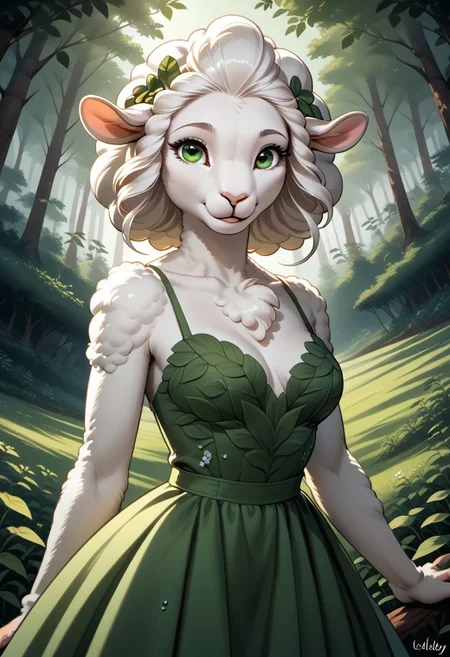 score_9, score_8_up, score_7_up, a Beautiful furry sheep Woman dancing eye focus, looking at viewer, white fur, rated_safe, dress, dynamic angle, lush forrest, wooly fur, covered in wool